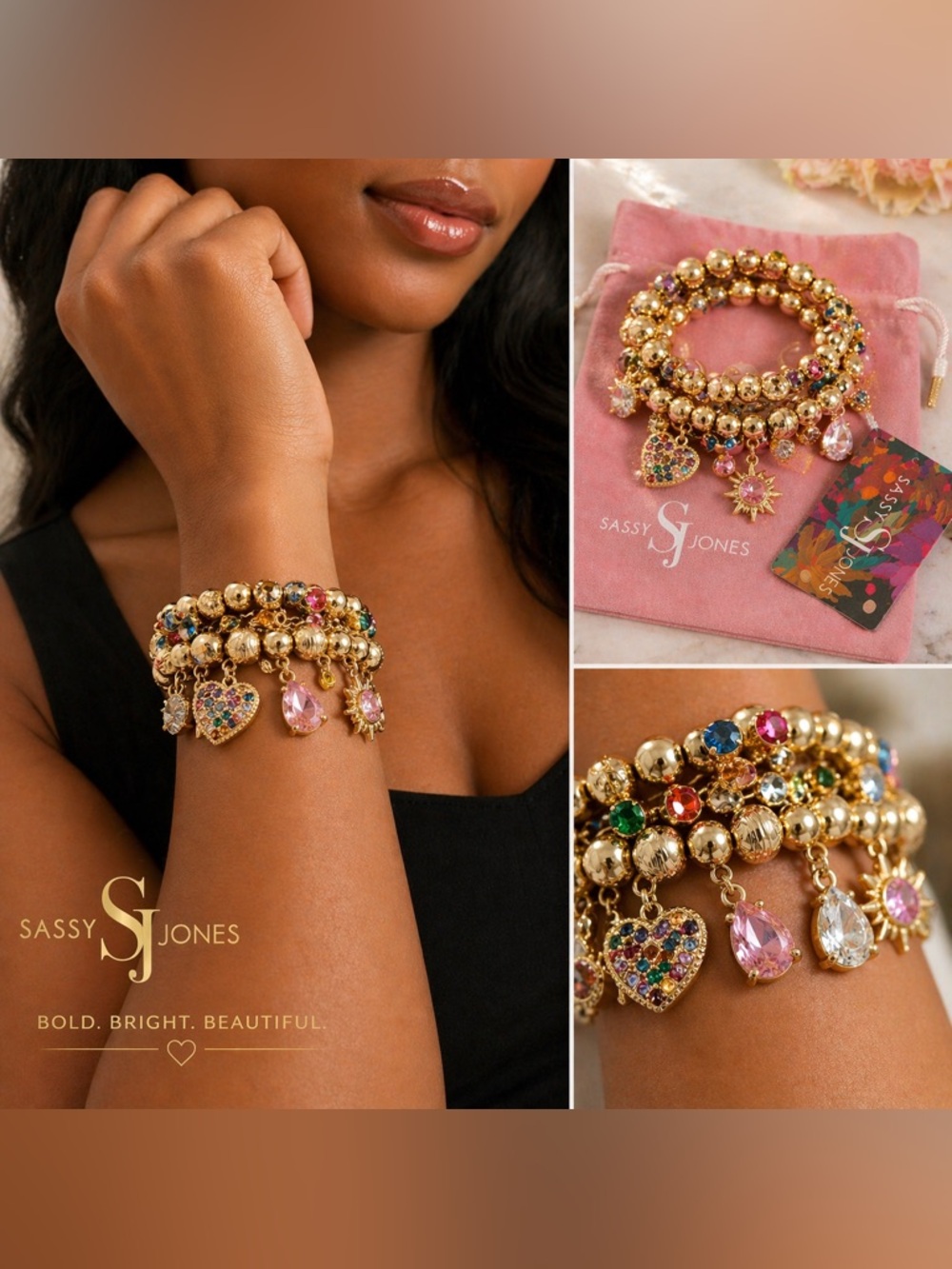 Sassy Jones Gold Crystal Charm Bracelet Stack Multicolor Statement Luxe NWT